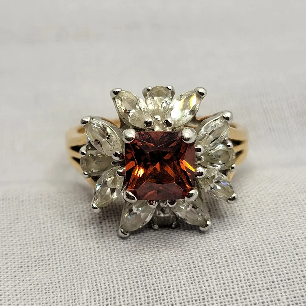 Gorgeous Vintage Sunburst Cocktail Ring Simulated Garnet and Diamond